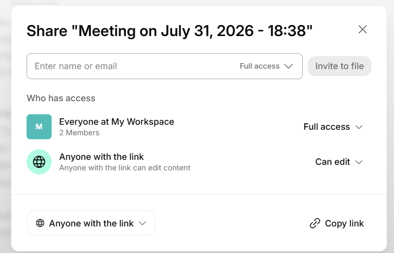 Output artifact for "Public Link Sharing" test: The share dialog shows link access and edit permissions, confirming that shared links can be opened without a login wall., happyscribe-sharing-options.png
