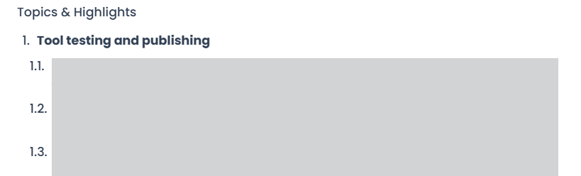 Output artifact for "Structured Meeting Notes Generation" test: The meeting was broken into numbered topic sections instead of being left as one undifferentiated block., meetgeek-topic-segmentation-success.png