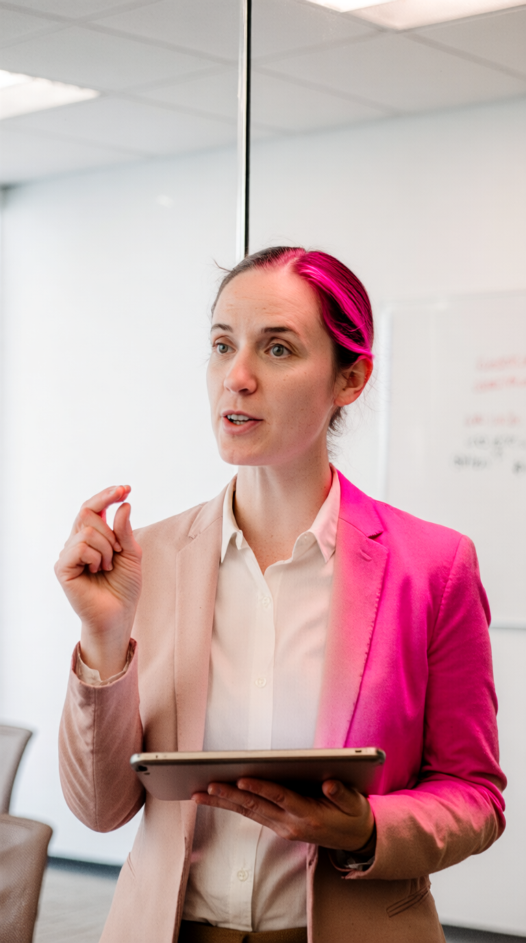 Output artifact for "Reference Photo Scene Generation" test: The conference-room output included the tablet and gesture, but the face read as a different older person, the blazer color was wrong, pink hair bled into the clothing, and the background whiteboard and glass wall elements were missing., professional_conference__leadership_setting__a_realistic_candid_photo_of_the_same_person_standing_n_e0j1gmrtnzegwg689ql9_1-2.png