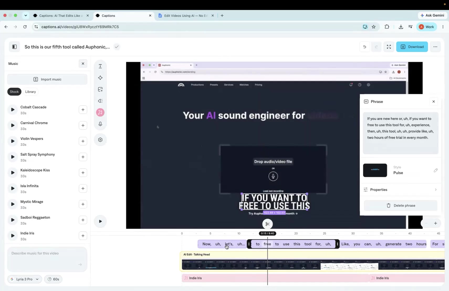 Output artifact for "Automatic Caption Generation and Styling" test: The caption text still includes filler words such as 'uh,' showing the transcript was not cleaned before captioning., Failure - Input 2 Captions Literally Include Filler Words (uh).jpg