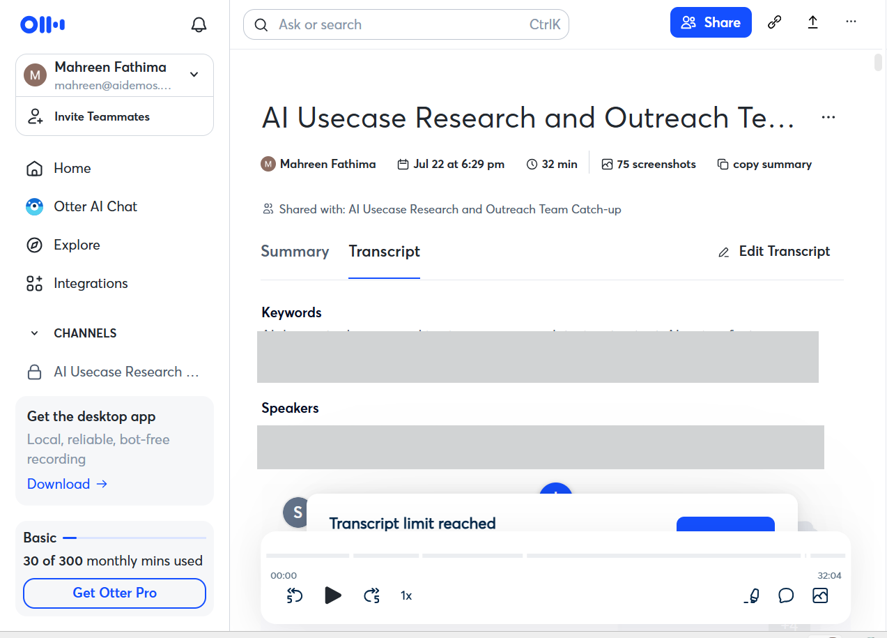 Output artifact for "Live Meeting Capture and Transcript Generation" test: Otter generated a transcript view for the meeting and surfaced the call metadata and summary/transcript controls, showing that the meeting was captured end to end., otter-ai-transcript-generated-success.png