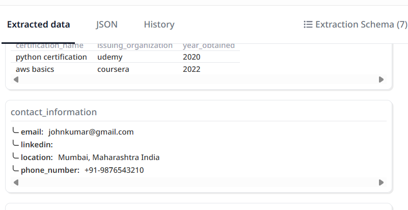Output artifact for "Contact Information Extraction" test: Parsed JSON, Contact fields were extracted.png