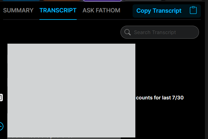 Output artifact for "Transcript Search" test: The transcript tab shows search controls and a searchable meeting transcript, confirming in-call lookup is available., fathom-meeting-transcript-search-success.png