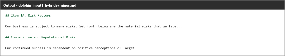 Output artifact for "Reading Order Preservation" test: The parent heading and subheading are both emitted at the same level, flattening the intended heading relationship., dolphin_input1_hybridearnings_docheadings_item1a_parsed_failure.png