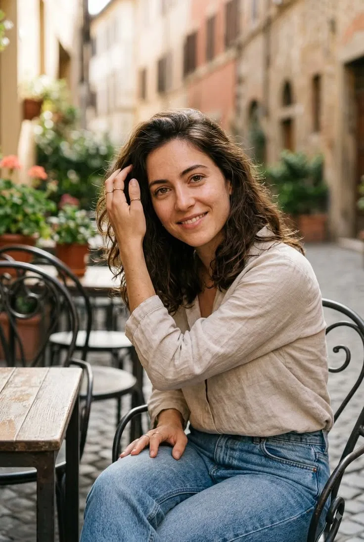 Input artifact for "Image-to-Video Generation with Native Audio" test: Realistic portrait of a woman at an outdoor café, tested with an intimate slow push-in prompt., input-04.webp