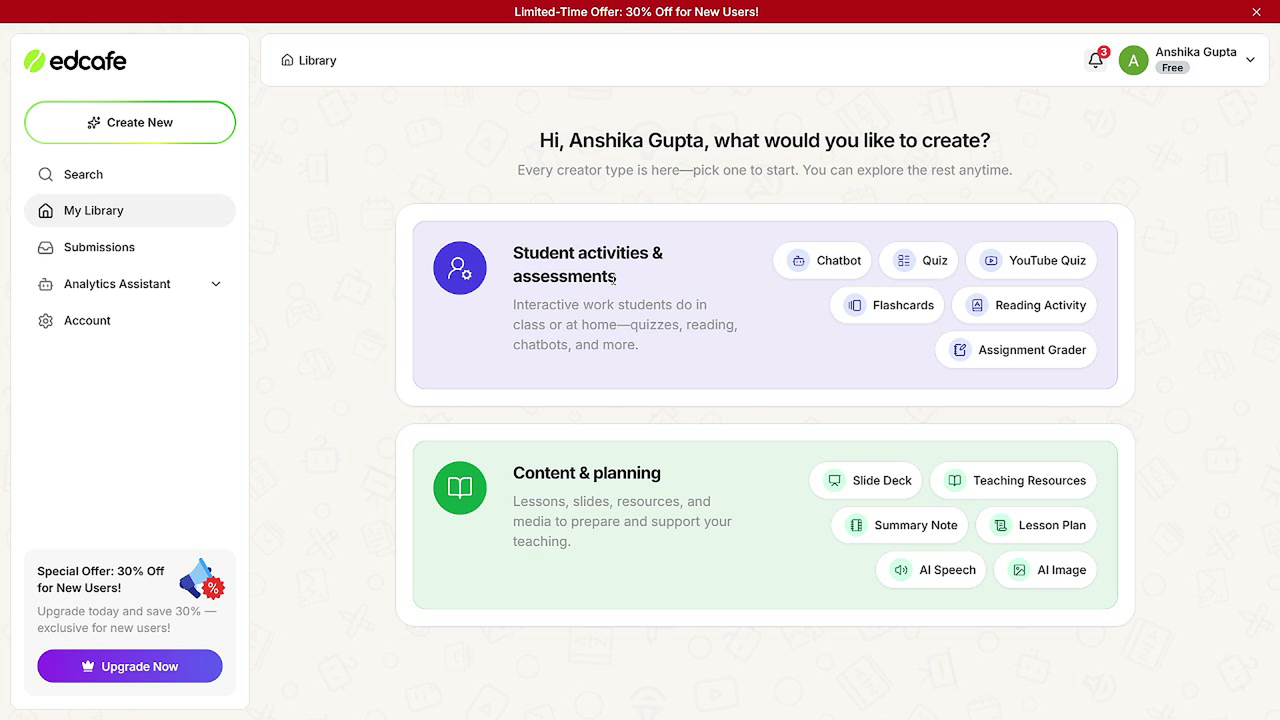 Output artifact for "Multi-Tool Creation Dashboard" test: The Edcafe AI library/dashboard home screen with a left navigation sidebar and two large creation-category panels in the main area. It invites the user to choose what to create, showing multiple creation tools as pill buttons., Generate-Quizzes-and-Practice-Tests-from-Study-Material-Using-AI__Edcafe-AI__23__library_dashboard_feature_set.png