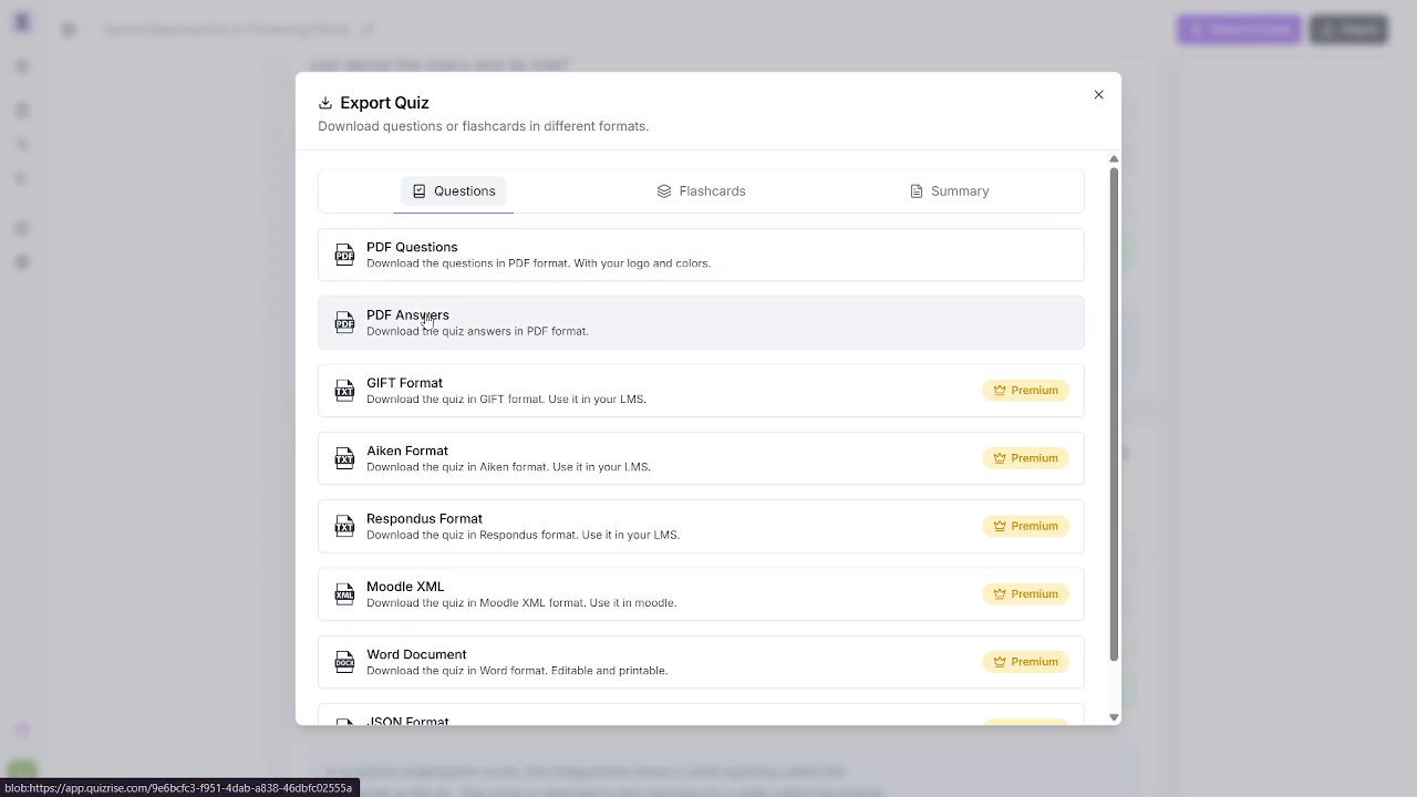 Output artifact for "Quiz Export and Packaging" test: The export modal shows Questions, Flashcards, and Summary tabs, plus PDF Questions, PDF Answers, and Premium LMS/document formats., Generate-Quizzes-and-Practice-Tests-from-Study-Material-Using-AI__Quizrise__07__export-modal-premium-formats.png