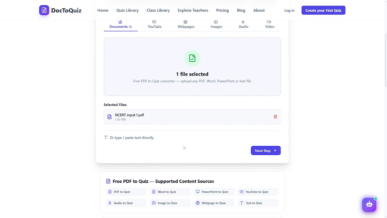 Output artifact for "Study Material Ingestion" test: The Documents tab shows one selected file and the supported source list, confirming document intake., c1a_supportedsources_36.png