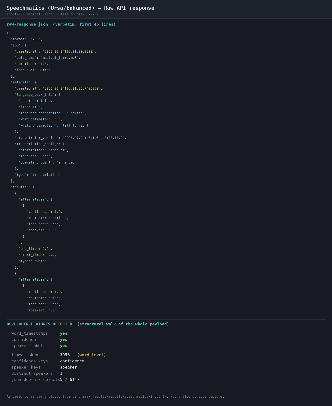 Output artifact for "Transcript Metadata Export" test: Raw API response showing the same transcription configuration and payload structure, including confidence and speaker fields in the JSON transcript., 02-response-raw-input-2.png