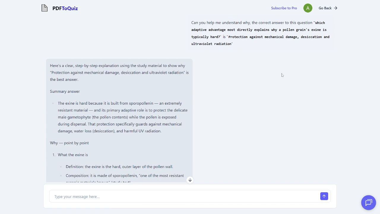Output artifact for "Answer Explanations and Follow-Up Chat" test: The in-app AI chat gives a structured, step-by-step follow-up explanation tied to the study material, with a message box for continuing the conversation., Generate-Quizzes-and-Practice-Tests-from-Study-Material-Using-AI__PDF-to-Quiz__05__ai-chat-explain-further.png