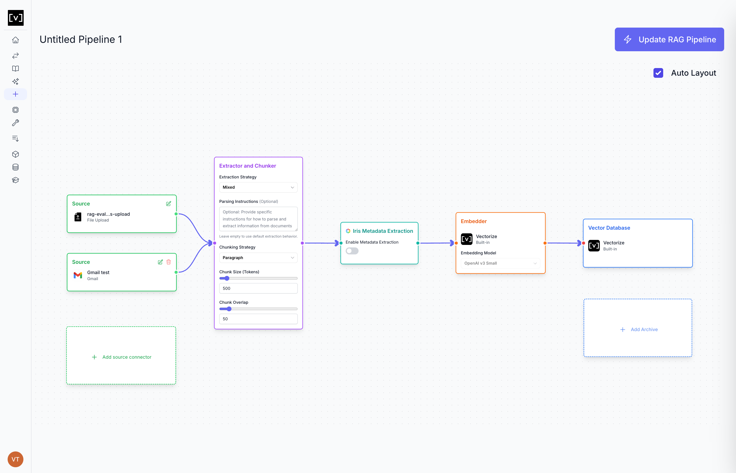 Output artifact for "External Source Connector Sync" test: The pipeline canvas now includes Gmail test as a second source, and the report says Gmail sync completed with 3 total documents and 85 new chunks., 48_gmail_saved.png