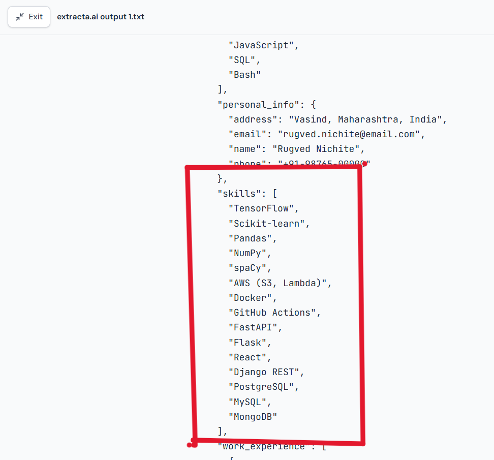 Output artifact for "Skills, Languages, and Certifications Extraction" test: Skills were returned as individual array items from the clean resume., Input 1 Skills returned as individual array .png