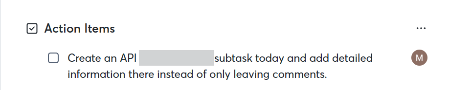Output artifact for "Action-Item Extraction" test: The action-items section shows at least one extracted task assigned to a person, proving the feature exists, but the result is only partial on this meeting., otter-ai-extracted-action-item-assigned.png