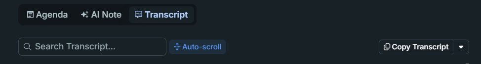 Output artifact for "Transcript Search" test: The transcript tab shows a dedicated search field, auto-scroll control, and copy actions for finding moments in the meeting., fellow-transcript-searchability.png