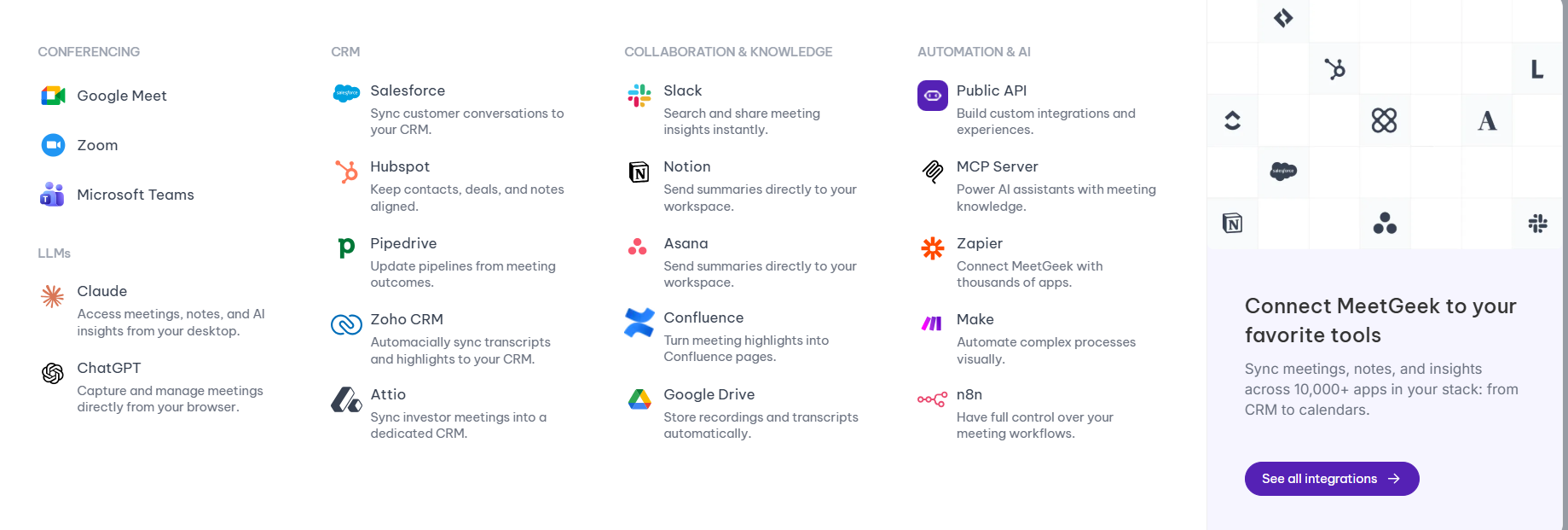 Output artifact for "Third-Party Integrations" test: Integrations page listing conferencing, CRM, collaboration, and automation categories., meetgeek-integrations.png