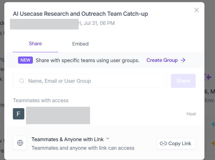 Output artifact for "Link Sharing and Access Control" test: The share modal exposes Share and Embed tabs, access settings, and a Copy Link button for the meeting., fireflies-sharing-options-success.png