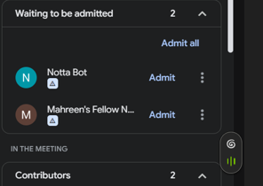 Output artifact for "Live Meeting Capture and Transcription" test: Google Meet participants panel shows Notta Bot present in the meeting, confirming that the bot successfully joined the live call., notta-bot-in-meeting-success.png