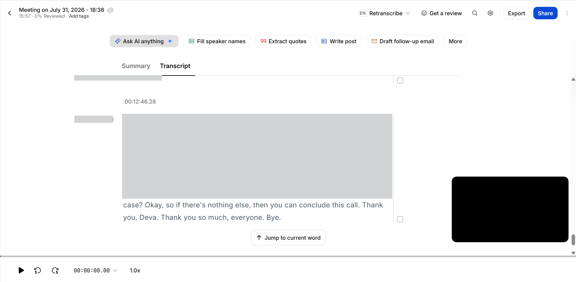 Output artifact for "Live Meeting Capture and Transcription" test: The transcript reaches the end of the meeting and the report confirms the full call was captured with no dropout or disconnection., happyscribe-end-of-call-transcript-join-reliability-success.png