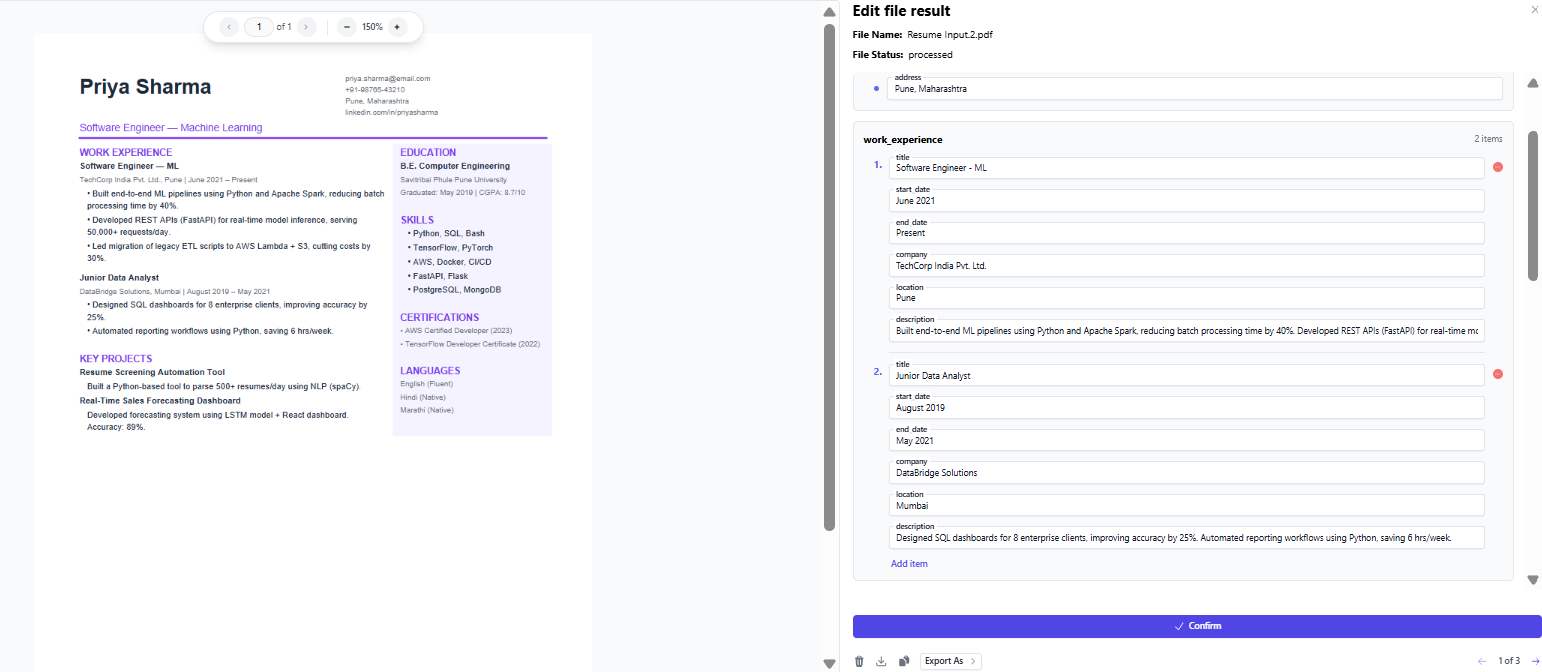 Output artifact for "Layout-Agnostic Resume Parsing" test: The two-column resume parsed without layout setup, and the extracted JSON preserved both the work history and the right-side sections correctly., Multi colum resume parsed succesfully.png