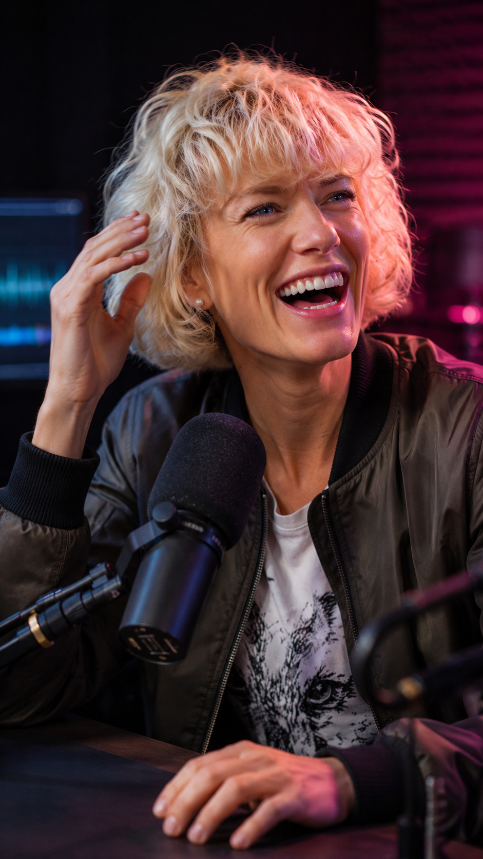 Output artifact for "Reference-Based Image Editing" test: Eyes, nose, and pearl stud earrings match the reference well, though the hair looks fuller and longer than the original short bob. Skin texture stays natural, the hand near the hair has clean finger spacing, and the mic setup, jacket, tee, and waveform glow all fit the podcast-thumbnail brief. The expression reads as a genuine laugh and the slight shoulder rotation away from camera is correct., ChatGPT Image Jun 25, 2026, 04_00_39 PM.png