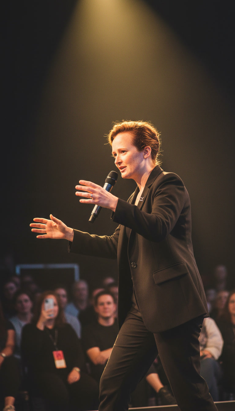 Output artifact for "Reference-Guided Image Generation" test: The microphone, spotlight, audience, and dynamic hand gesture matched the stage-performance prompt., b8405c6dd1484e8983c980326868adb2.jpeg