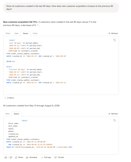 Output artifact for "SQL Transparency and Query Assumptions" test: The Query tab displayed the generated SQL for both the 90-day comparison and the customer list query., input1-query-tab-sql.png