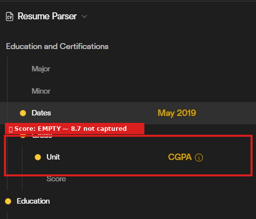 Output artifact for "Education and Certification Extraction" test: The multi-column resume repeated the same CGPA miss: unit captured as CGPA, score 8.7 not captured., CGPA Score missing Input 2.png