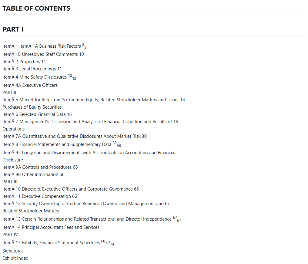 Output artifact for "Reading-Order and Heading Preservation" test: The annual report table of contents keeps the structure but adds mojibake to many item labels., mineru_input1_hybridearnings_toc_parsed_failure.png