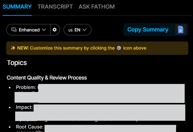 Output artifact for "Meeting Summaries" test: Topic section snippet showing structured subheadings and bullet structure., fathom-meeting-summary-topics-section-snippet.png