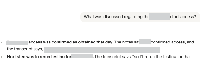 Output artifact for "Search and Chat Across Notes" test: The Q&A answer explicitly cites the notes and transcript to explain the tool-access status and the follow-up testing step., granola-31julymeet-chat-qna.png
