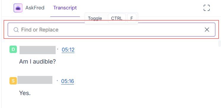 Output artifact for "Transcript Search" test: The transcript search bar is active and the transcript remains navigable by keyword, confirming search across notes works., fireflies-searchable-transcript-success.png