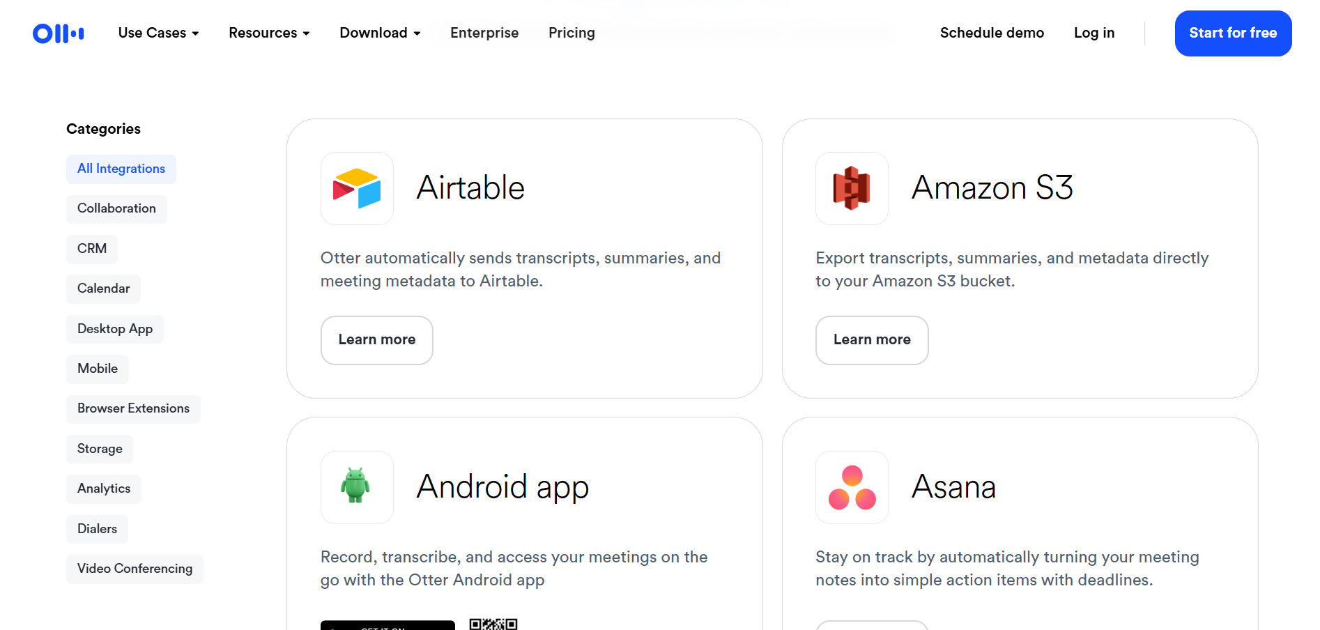 Output artifact for "Programmatic Access and Integrations" test: The integrations directory shows broad coverage across collaboration, CRM, storage, calendar, and automation tools, including Airtable, Amazon S3, Android, and Asana., otter-ai-integrations-available.png
