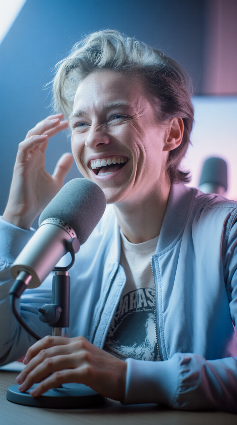 Output artifact for "Reference Photo Scene Generation" test: The podcast thumbnail output preserved the laugh, mic foreground, and hand pose, but the face became narrower and sharper with thicker brows, and the lighting flattened into a cool blue look instead of the requested magenta contrast., podcast__thumbnail_style_shot__a_high-energy_photo_of_the_same_person_seated_in_front_of_a_foam-tip_njic6480gkvxyjugm4e6_1-2.png