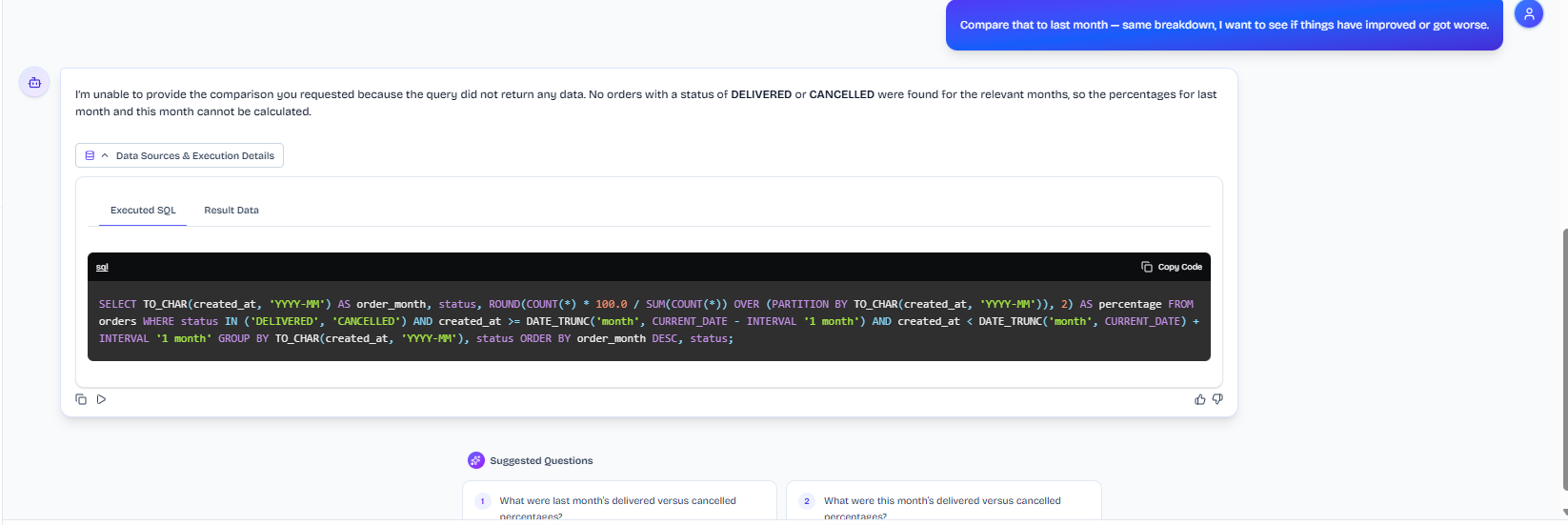 Output artifact for "Contextual Follow-Up Querying" test: Failed to turn the follow-up into a usable month-over-month comparison and instead gave up because the queried window returned no data., input3-followup3-give-up-answer-and-literal-last-month-sql.png