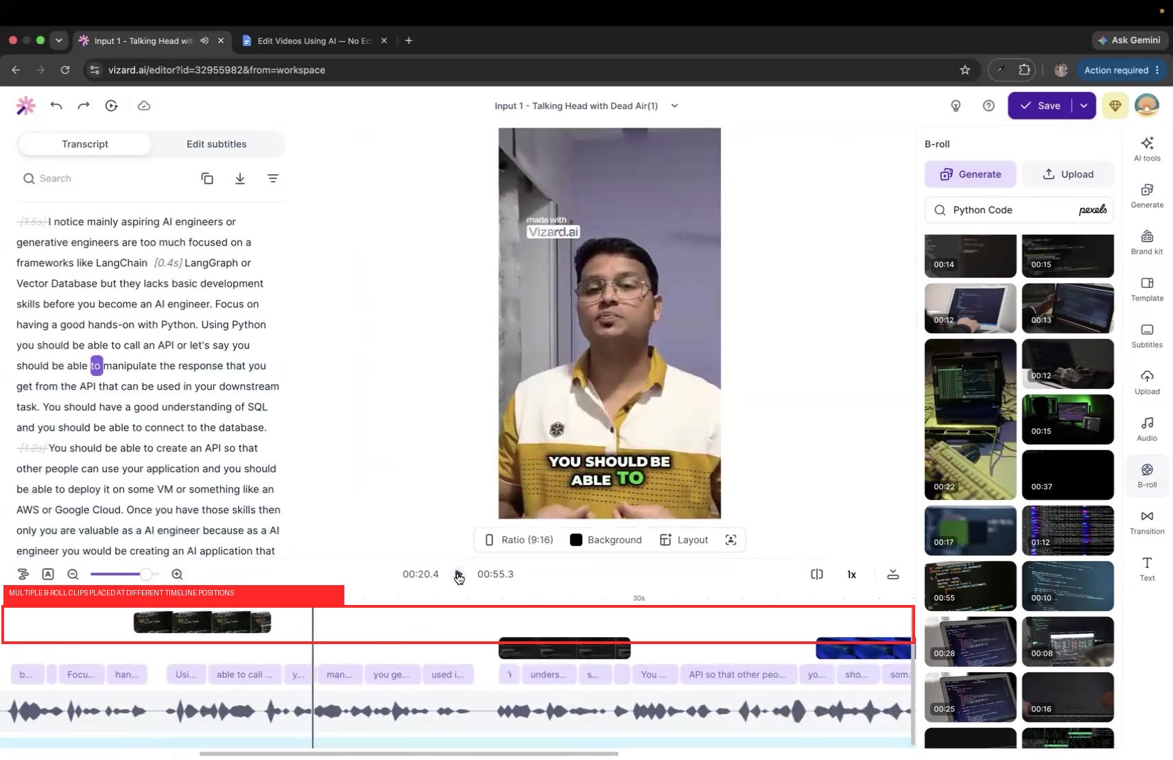 Output artifact for "Contextual B-roll Insertion with Source Control" test: Multiple B-roll clips are positioned at different timestamps on the timeline, confirming manual placement control., Vizard-broll-timeline-placement-evidence.jpg