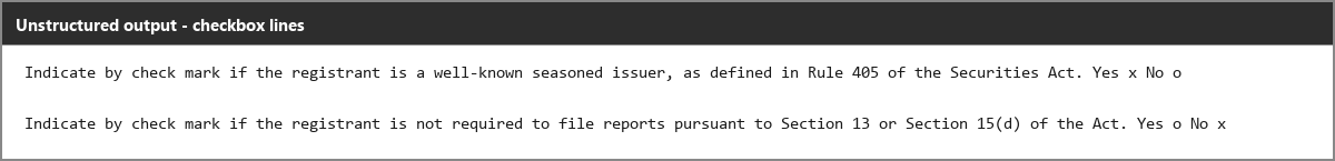 Output artifact for "PDF Text Extraction to Markdown" test: The checkbox lines are preserved with the source's x/o markers intact, showing accurate extraction of native text that already encodes checkbox state., unstructured_input1_hybridearnings_checkbox_text_parsed_success.png