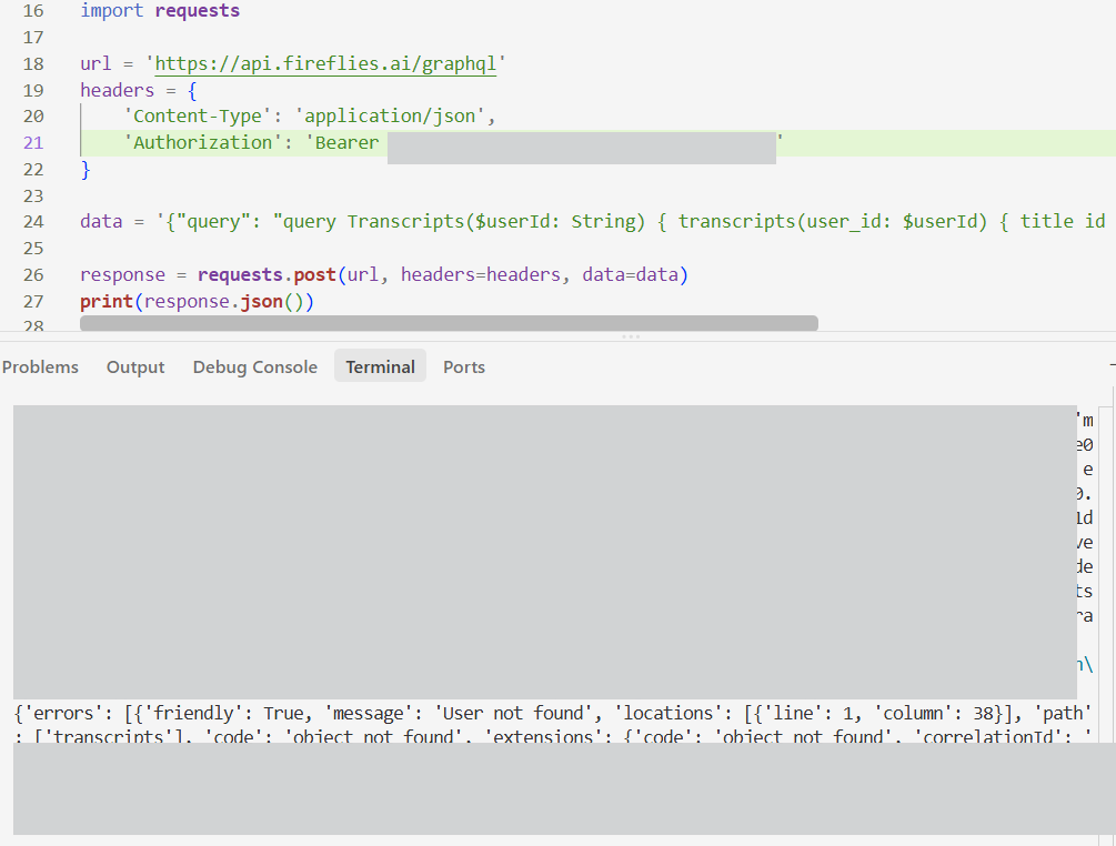 Output artifact for "API Access" test: The terminal response returns a user-not-found / object-not-found error instead of transcript data., fireflies-api-issue.png