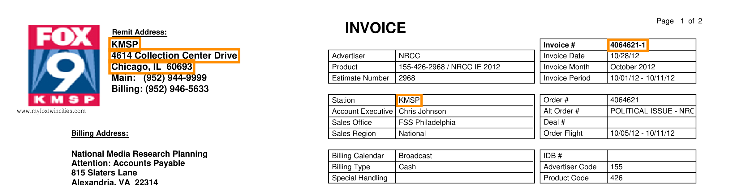 Output artifact for "Field-Level Accuracy vs. Source Document" test: Invoice number and station (KMSP) details extracted correctly from the header tables., invoice_ss1_metadata_station.png