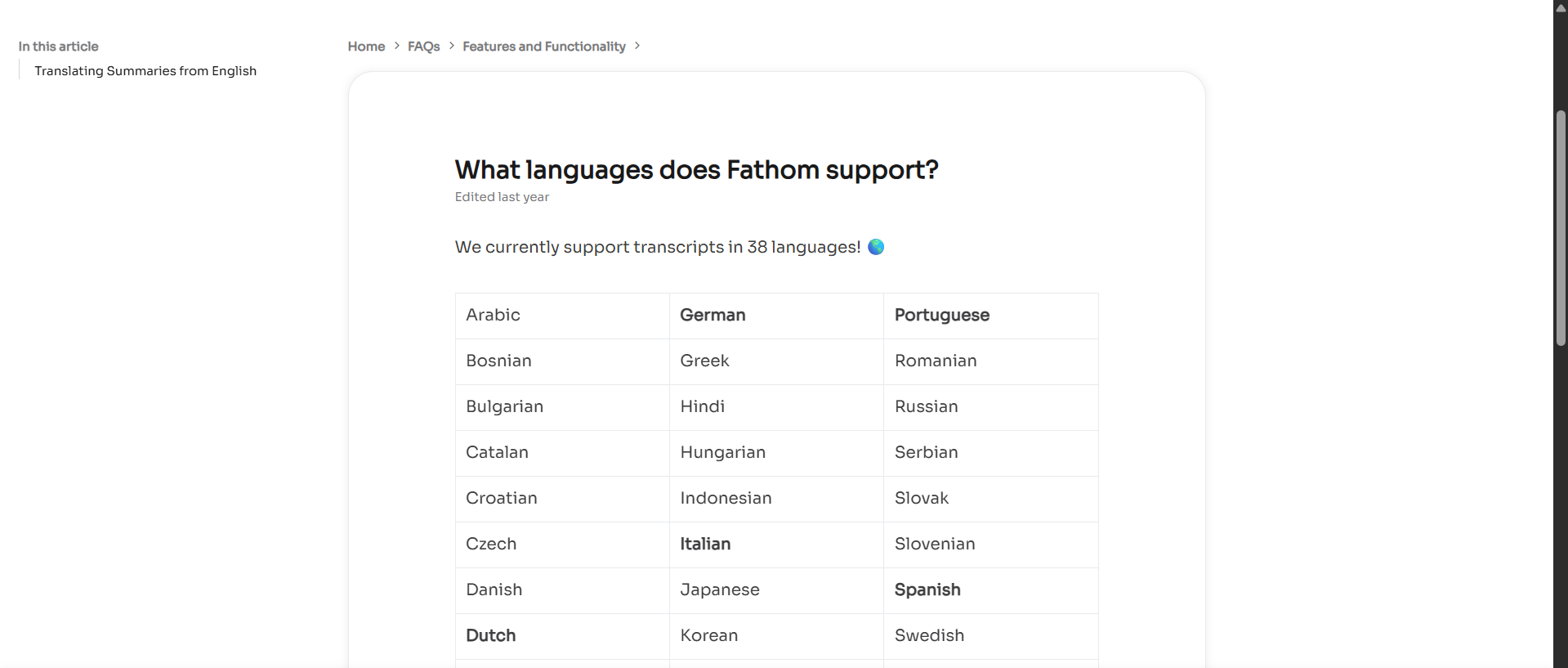 Output artifact for "Multilingual Transcription" test: The help article states that Fathom currently supports transcripts in 38 languages., fathom-language-support.png