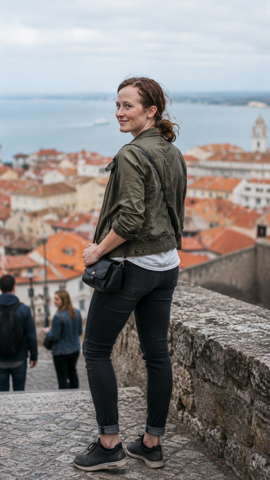 Output artifact for "Reference-Based Image Editing" test: Freckle density stays close to the original and the low-ponytail style is preserved, but the hair color shifts more auburn and reddish than the darker reference. Skin texture remains natural, the hand on the bag strap looks believable, and the coastal overlook with rooftops and water matches the travel setting. The half-smile and over-the-shoulder pose follow the prompt well., ChatGPT Image Jun 25, 2026, 04_14_53 PM.png
