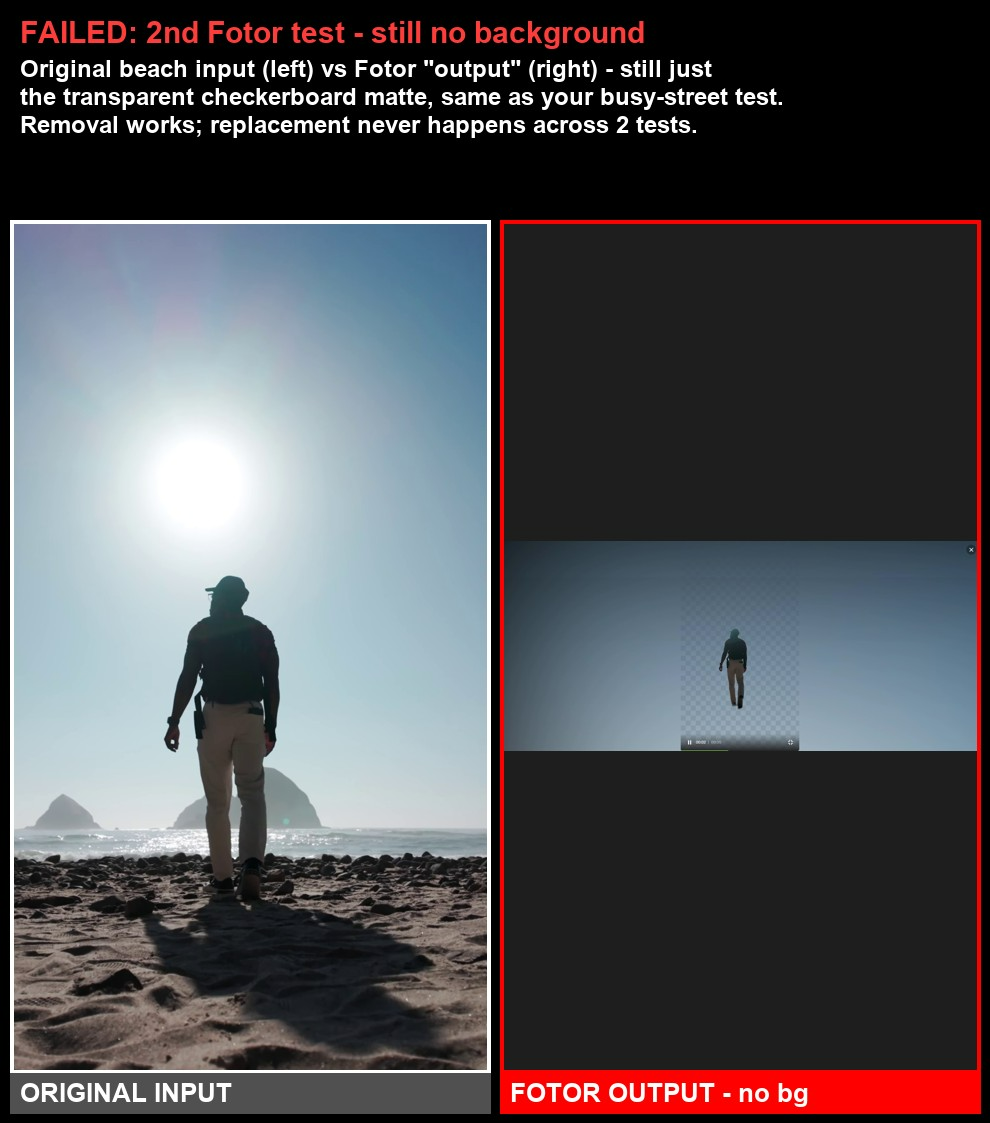 Output artifact for "Aspect Ratio and Canvas Control" test: The beach source is compared against a landscape export that still shows only a narrow center strip and checkerboard matte instead of a vertically preserved final frame., image.png