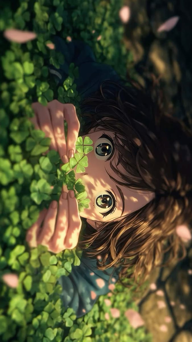 Input artifact for "Image-to-Video Generation with Native Audio" test: Anime-style clover close-up tested with a slow push-in, blink, breeze, and petals prompt., input-01.jpg