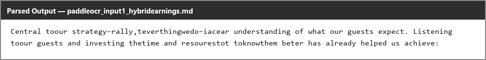 Output artifact for "OCR text extraction from mixed PDF pages" test: The paragraph is garbled with fused words and dropped letters, showing real content loss in a clean digital PDF., paddleocr_input1_hybridearnings_intro_paragraph_parsed_failure.png