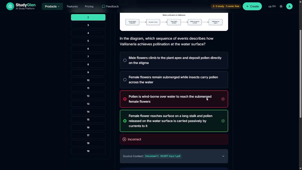 Output artifact for "Interactive Study Mode with Instant Feedback and Source Context" test: The wrong answer was marked Incorrect and the correct option was revealed in green., study_mode_incorrect_reveal.png