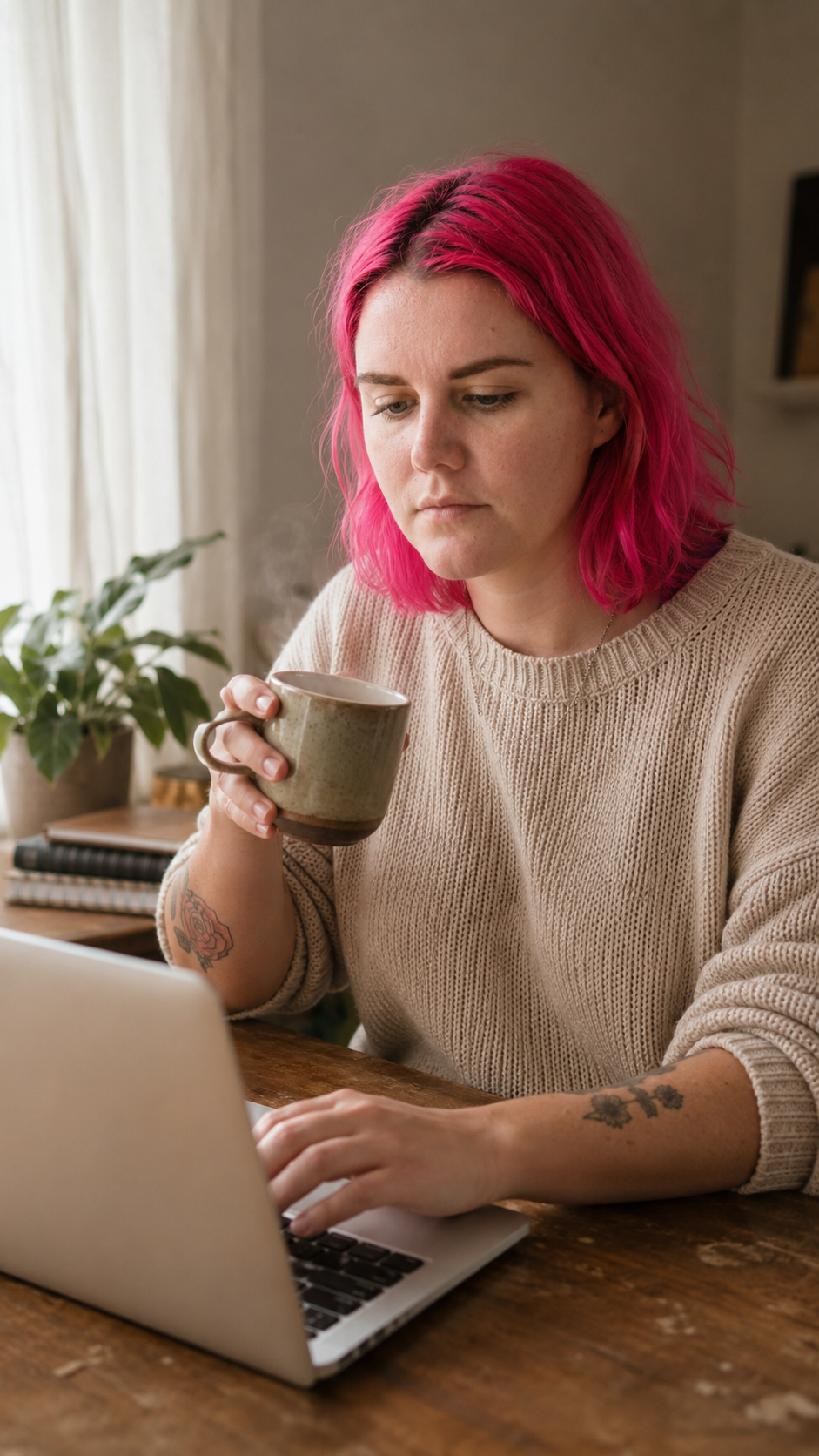 Output artifact for "Reference-Based Image Editing" test: Face shape, freckles, and pink hair tone match the reference closely; eyebrow shape and jawline stay consistent. Skin texture looks natural, the hand on the laptop and the hand holding the mug are anatomically correct, and the wooden desk, houseplant, notebooks, and sweater all fit the brief. The output also carried over tattoos on the arm, even though they were not explicitly prompted., ChatGPT Image Jun 23, 2026, 03_12_40 PM.png