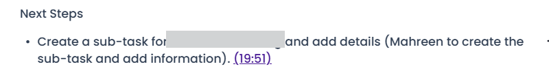Output artifact for "Structured Meeting Notes Generation" test: MeetGeek extracted a real next-step item from the meeting and attached a timestamp to it., meetgeek-extracted-action-item-success.png