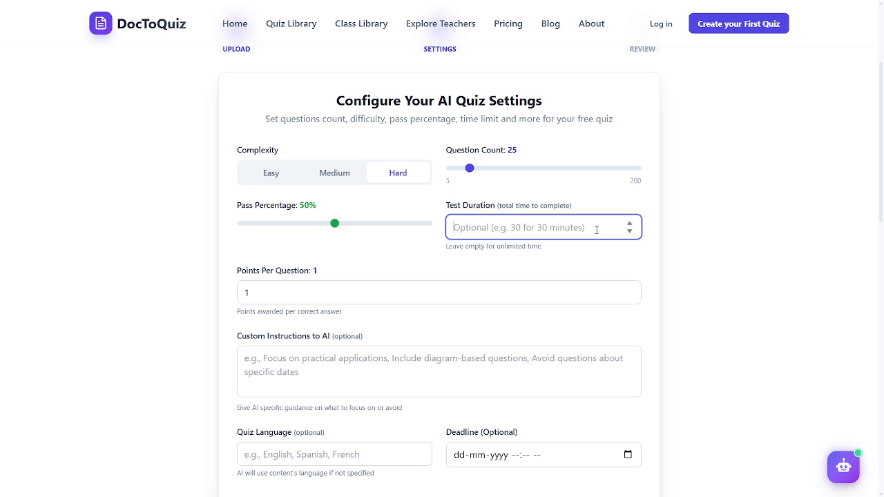 Output artifact for "Quiz Configuration" test: The settings page exposes the full quiz configuration surface in one place., c3a_settings_70.png