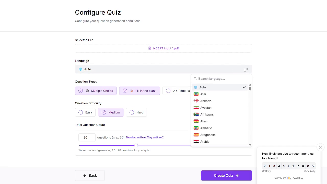 Output artifact for "Quiz Configuration" test: The language picker supports Auto and a long searchable list of languages., Generate-Quizzes-and-Practice-Tests-from-Study-Material-Using-AI__Quizrise__02__language-list-nps-popup.png