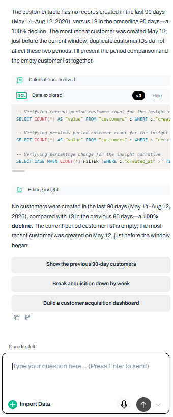 Output artifact for "Natural-Language Database Q&A" test: Returned a plain-language answer saying no customers were created in the last 90 days versus 13 in the previous 90 days, and showed the empty current-period customer list., input1-answer-text-and-verification.png