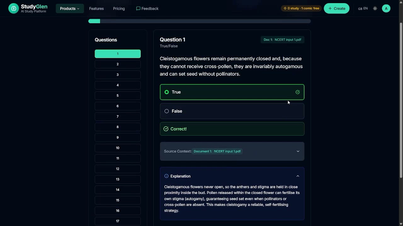 Output artifact for "Interactive Study Mode with Instant Feedback and Source Context" test: The answer was marked Correct and the explanation was shown inline with source context., study_mode_correct_feedback.png